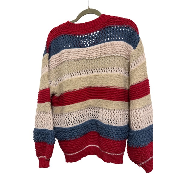 POL Striped V Neck Mixed Knit Sweater Beige Red Blue Women's Size M - Picture 7 of 7